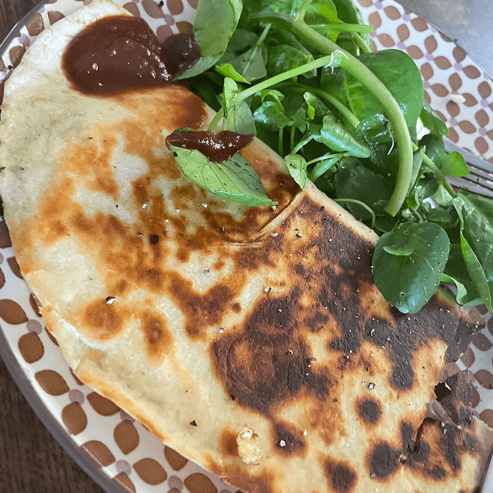 Spinach, egg, vegan pepperoni and cheese tortilla vegetarian lunch or brunch option made easy - Fitness Health