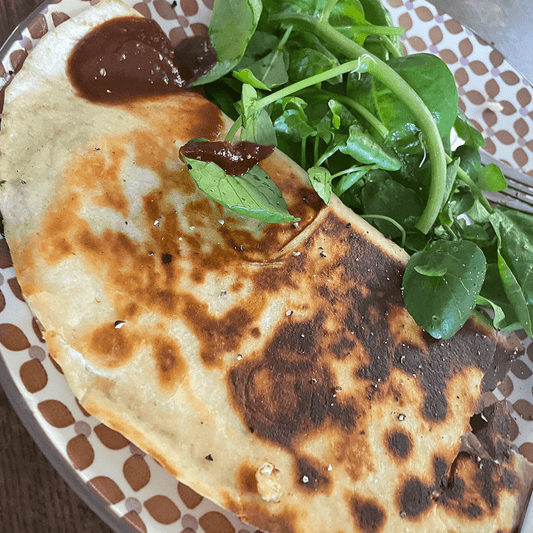 Spinach, egg, vegan pepperoni and cheese tortilla vegetarian lunch or brunch option made easy - Fitness Health