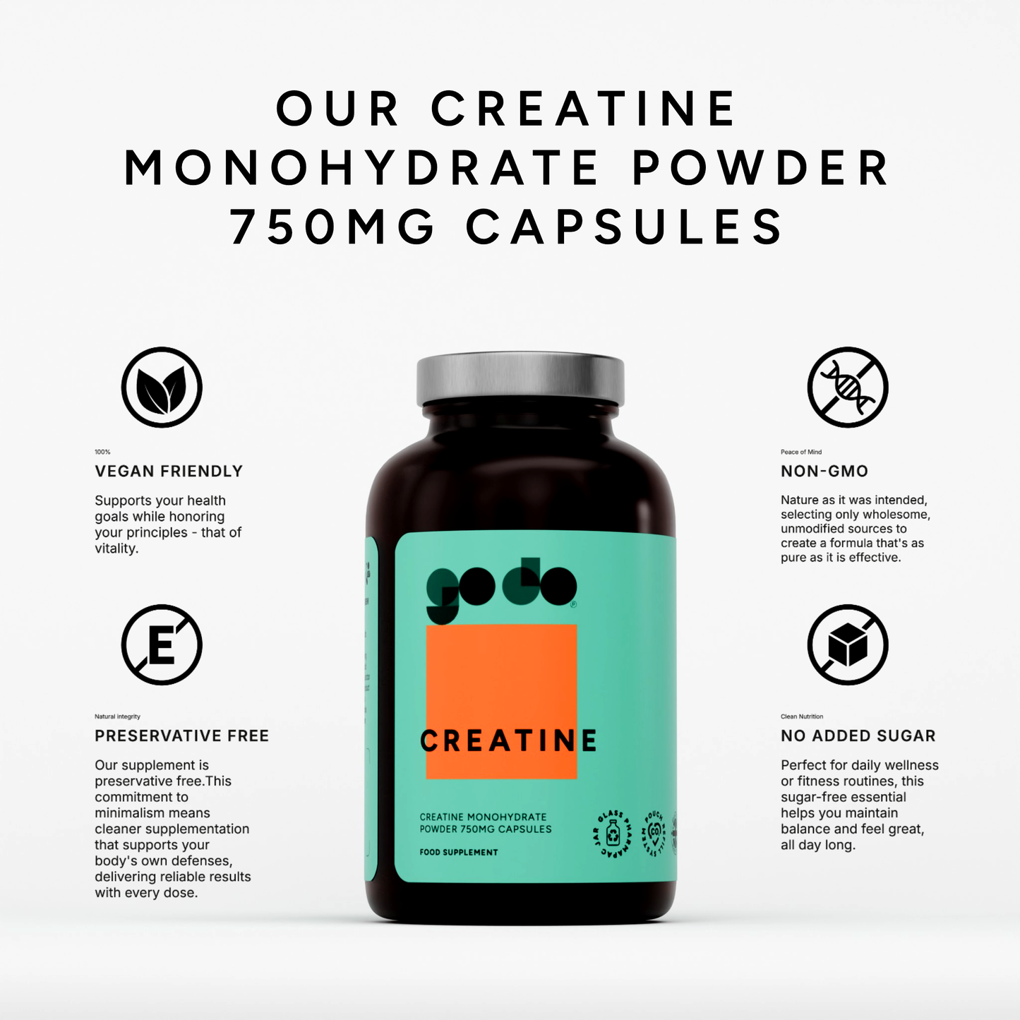 Creatine Monohydrate 750mg Capsules Vegan - Natural Performance Formula