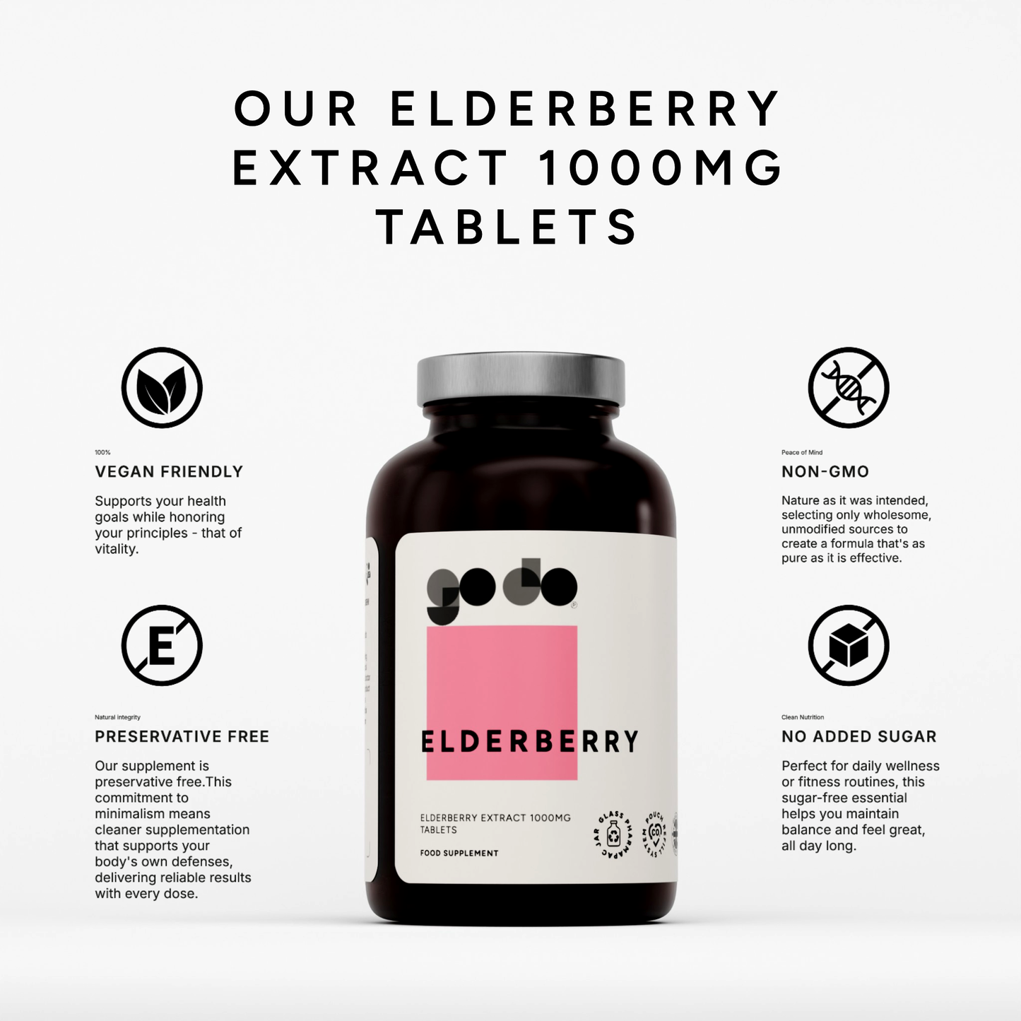 Immune & Antioxidant Support - Elderberry Extract 1000mg Tablets - UK Made Vegan