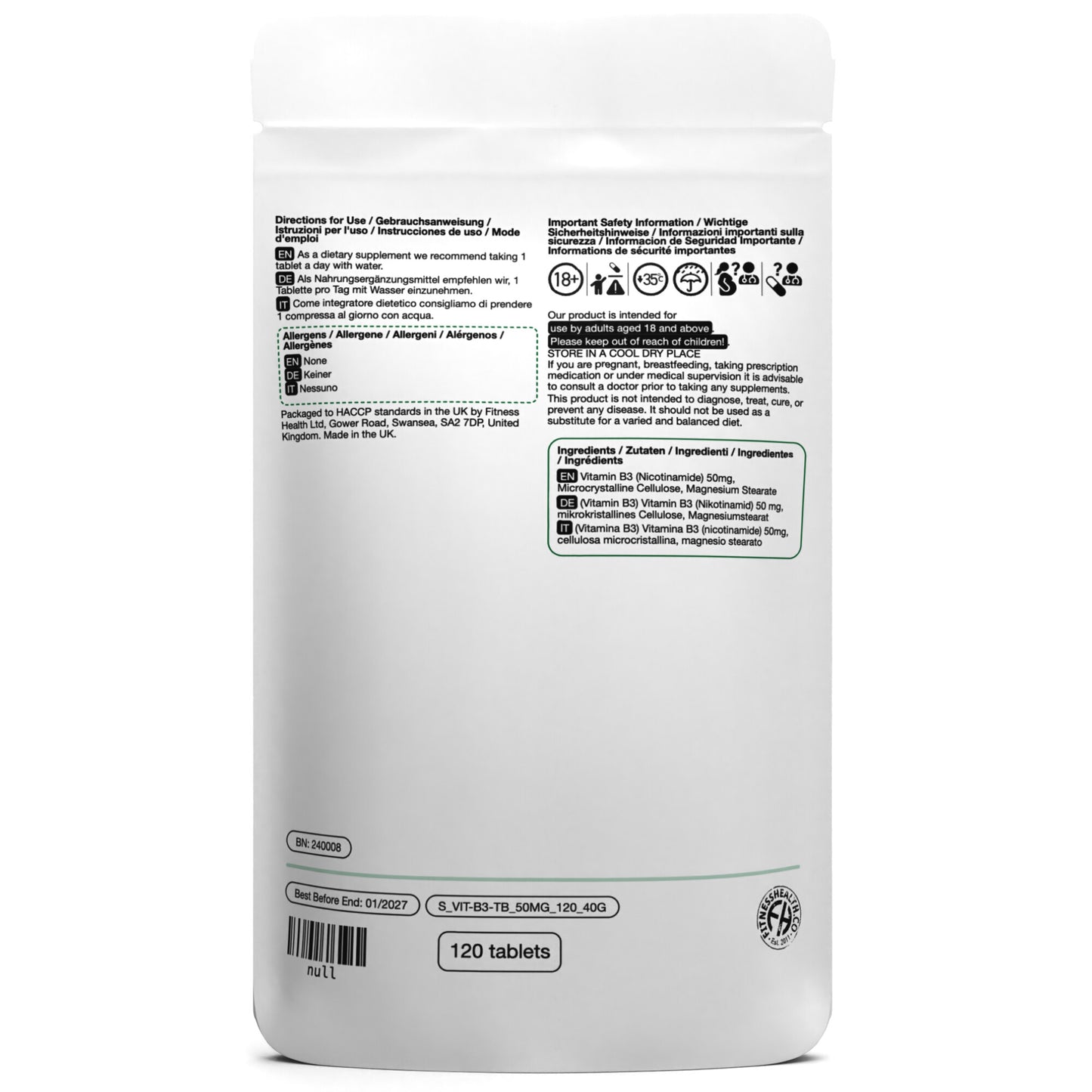 Vitamin B3 Nicotinamide Tablets - Niacin Non Flush