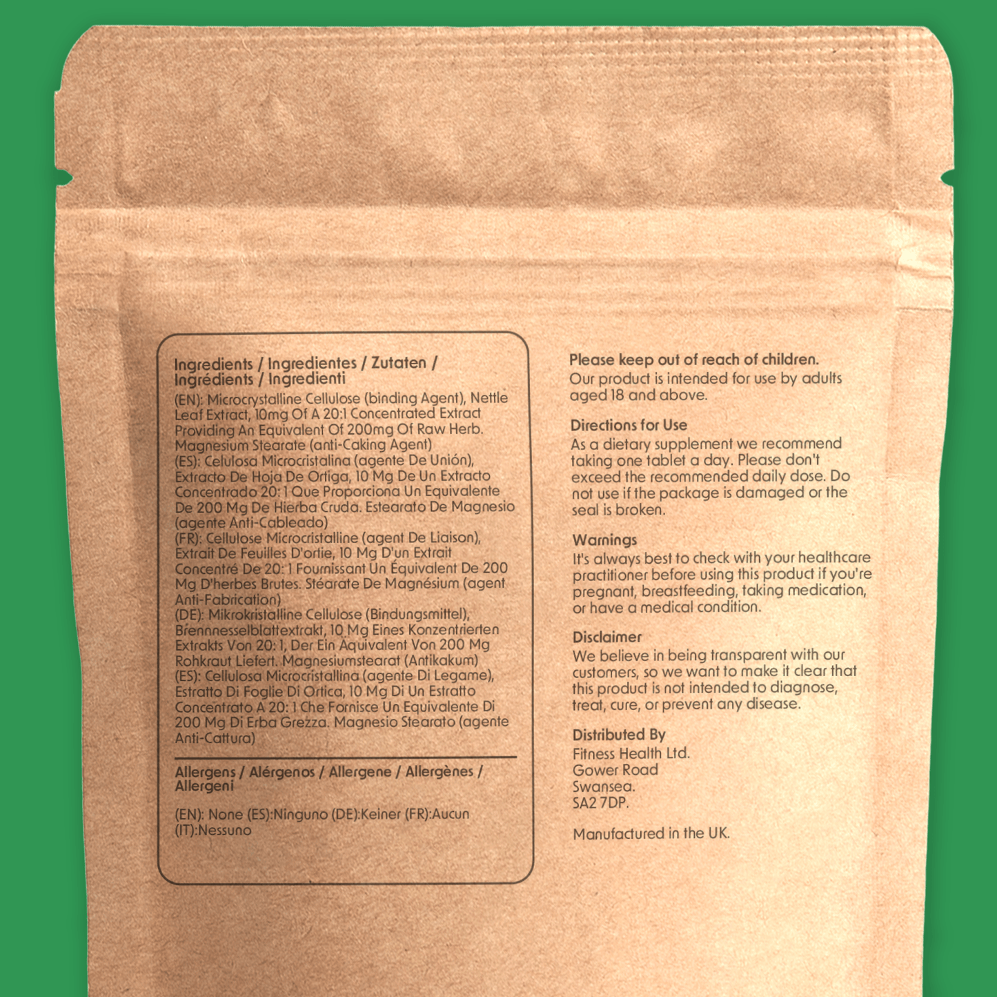 Nettle Leaf 200mg Tablets - Prostate support - Antioxidant - Allergy Relief - Fitness Health