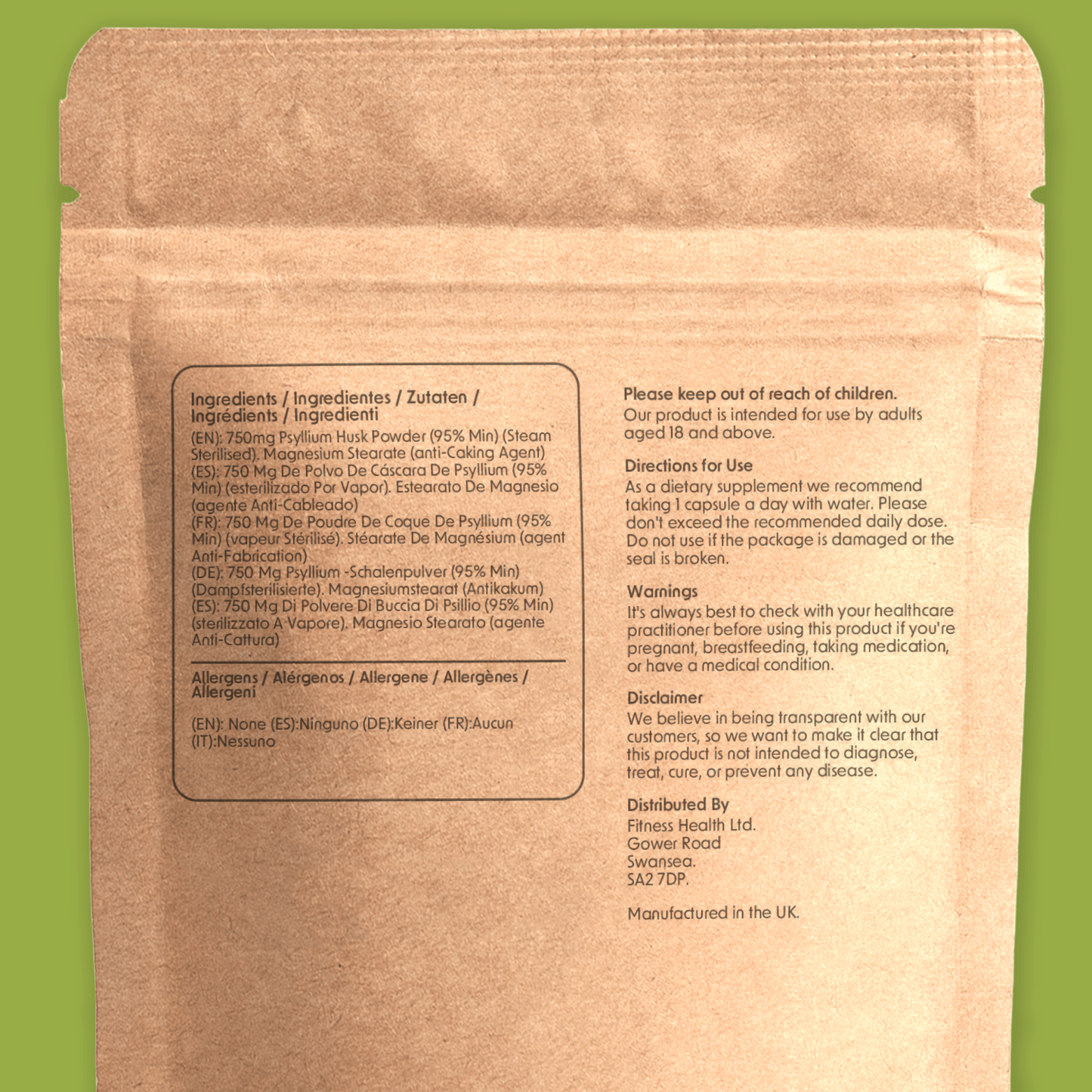 Psyllium Husk Powder 750mg Capsules - 100% Pure & Natural High Fibre - Fitness Health