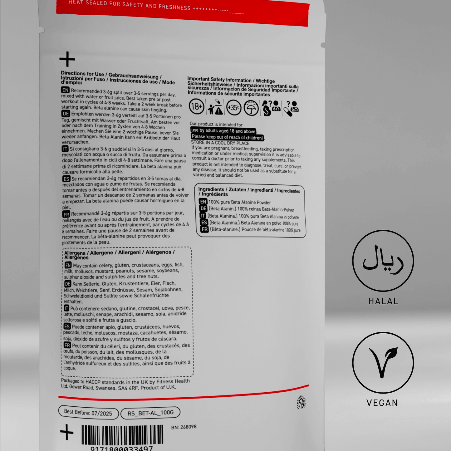 Pure Beta Alanine Powder - 100g - Pre Workout Muscle Supplement - Fitness Health