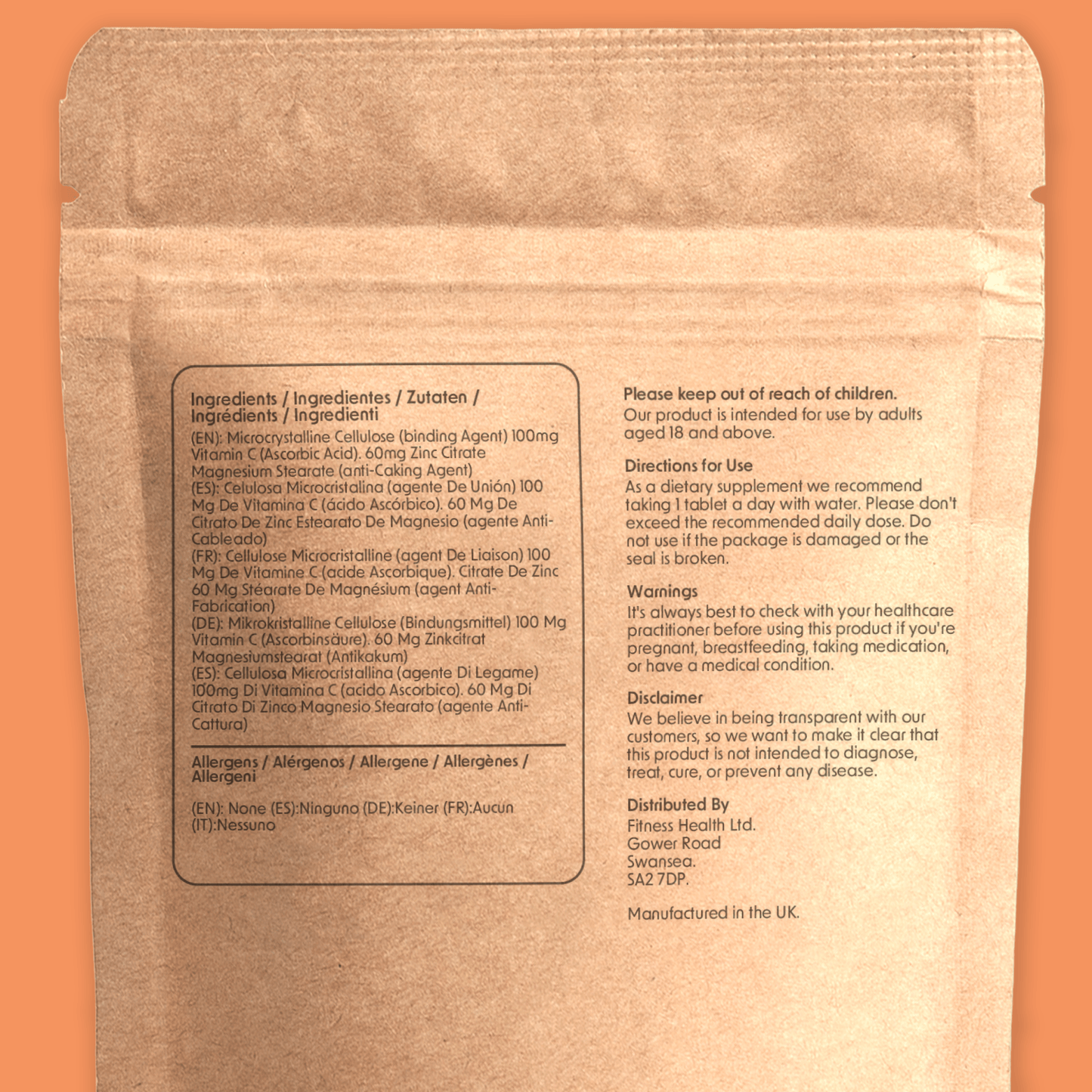 Vitamin C 100mg & Zinc 20mg - Natural Immune Boost Vegan - Fitness Health