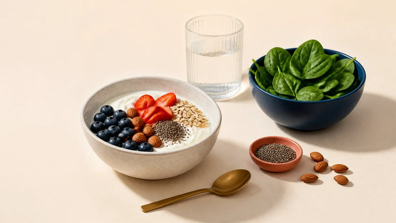 Balanced breakfast with yoghurt, berries, oats, seeds and nuts arranged on a clean cream background