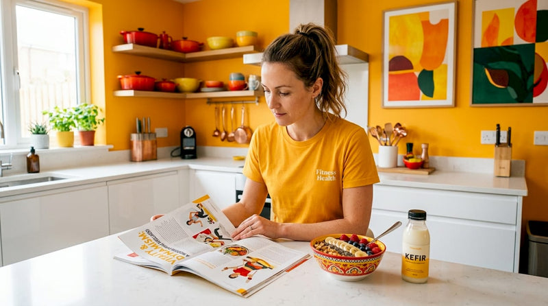 Woman enjoying breakfast with probiotics at kitchen table