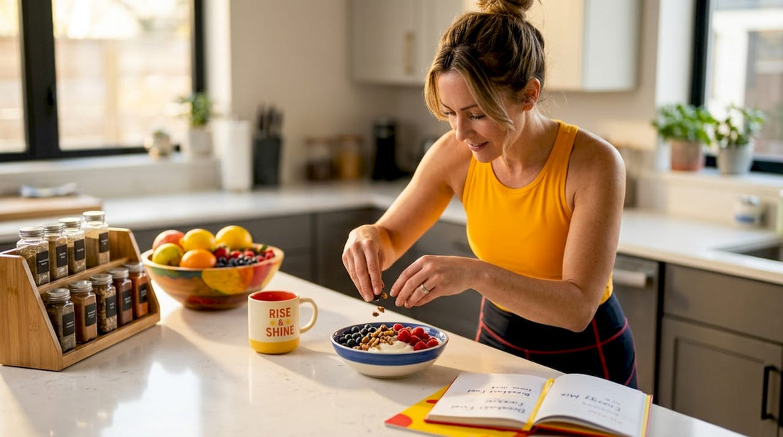 Woman preparing healthy breakfast at kitchen island