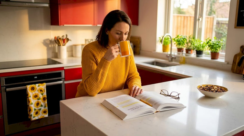 Woman learning about nutrition in kitchen setting
