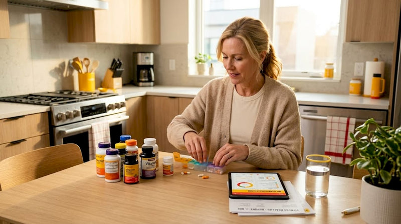 Woman organizing heart health supplements at kitchen table