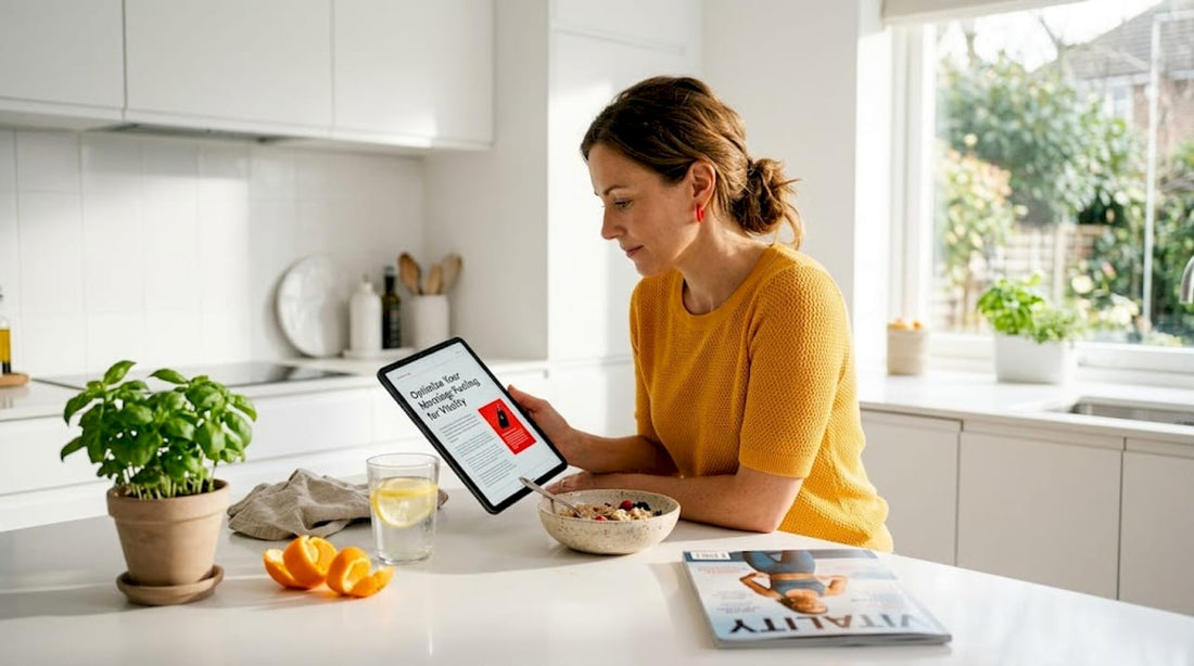 Woman reading health article at kitchen island