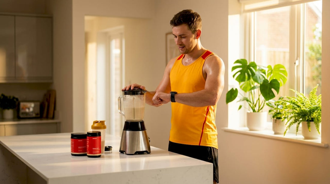 Athlete blending protein shake after workout