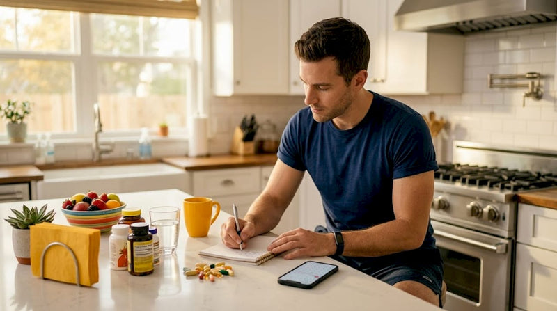 Man reviewing supplement bottles at kitchen table