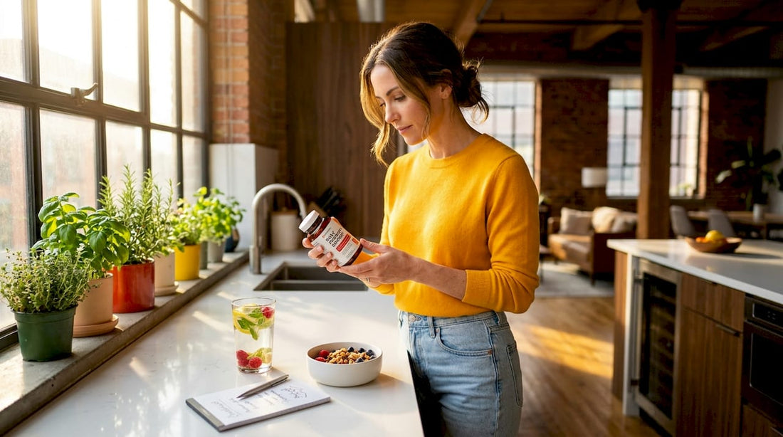Woman reading probiotic supplement label in kitchen