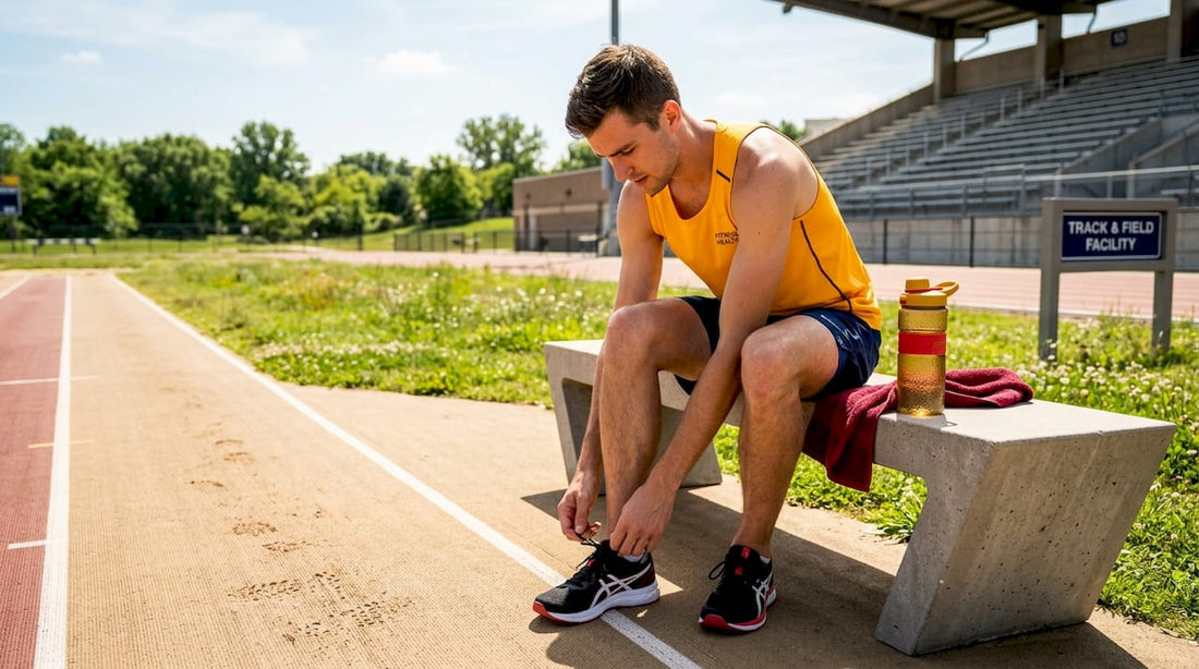 Athlete preparing on outdoor track in morning