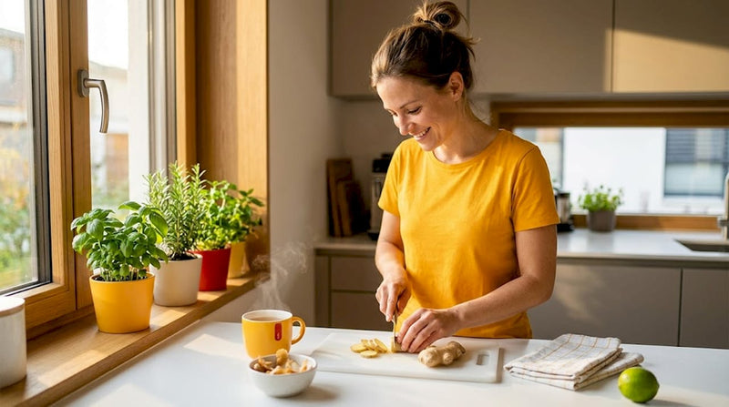 Woman prepping ginger on kitchen counter
