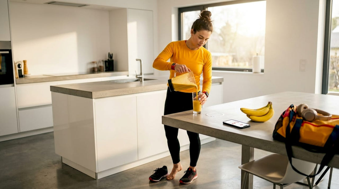 Athlete preparing recovery meal in kitchen