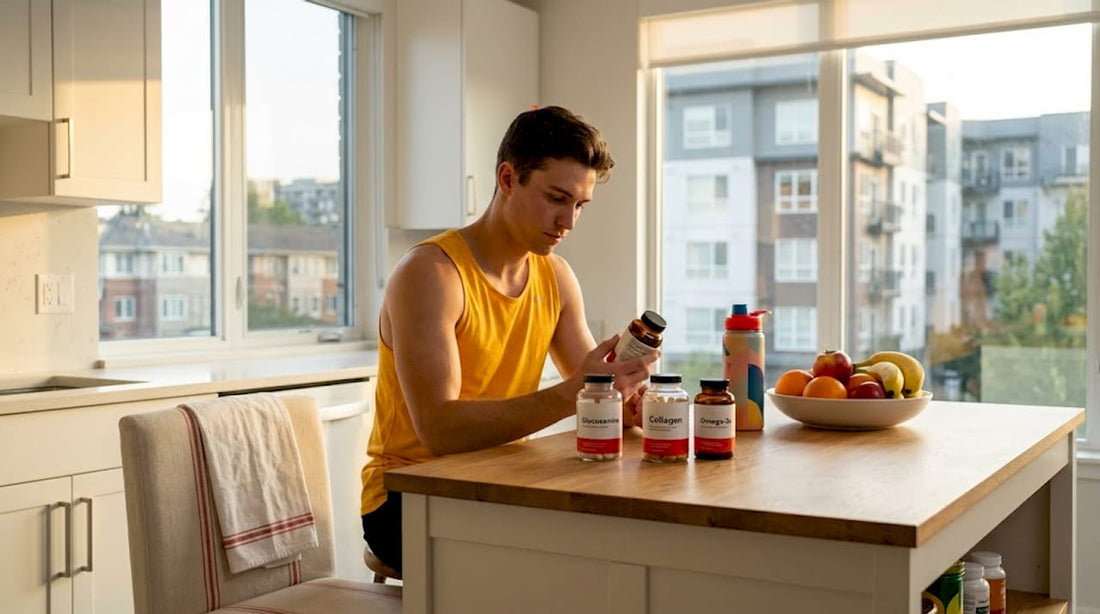 Athlete reviewing joint supplements at kitchen island