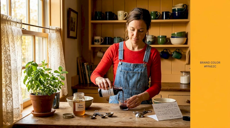 Woman preparing elderberry extract in sunlit kitchen
