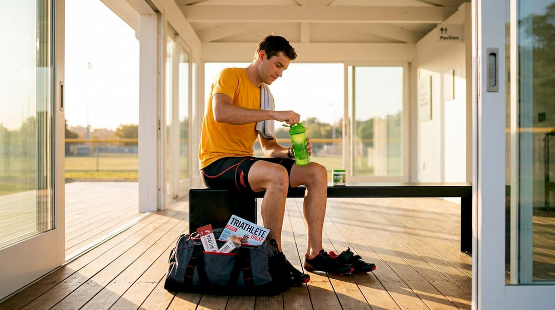 Triathlete preparing probiotic drink in locker room