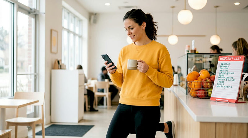 Woman reviews health tracker in bright kitchen