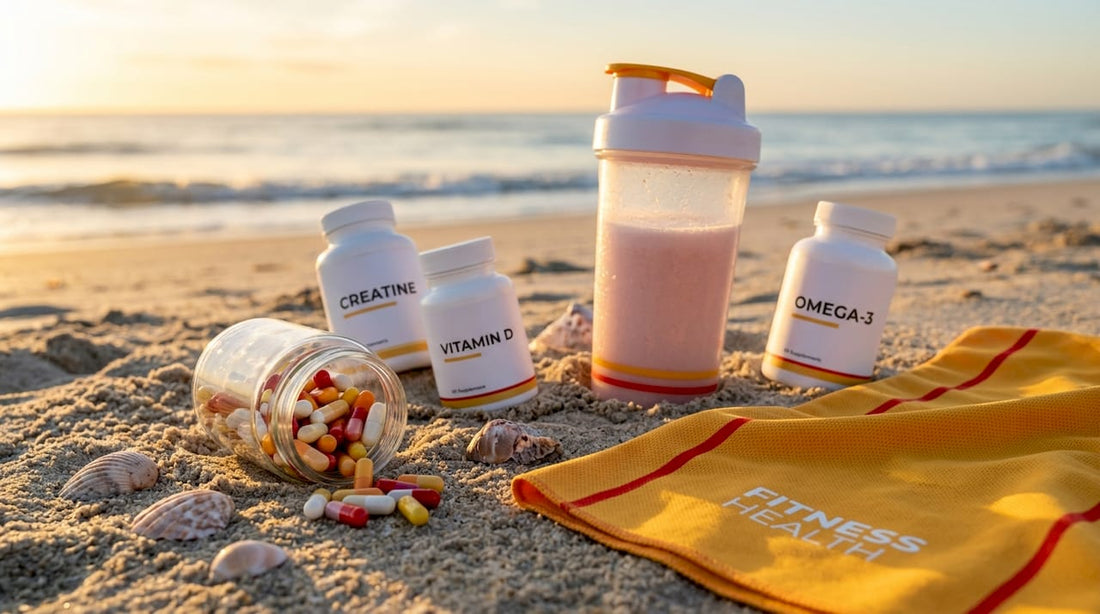 Vitamins and supplements for strength training on kitchen counter