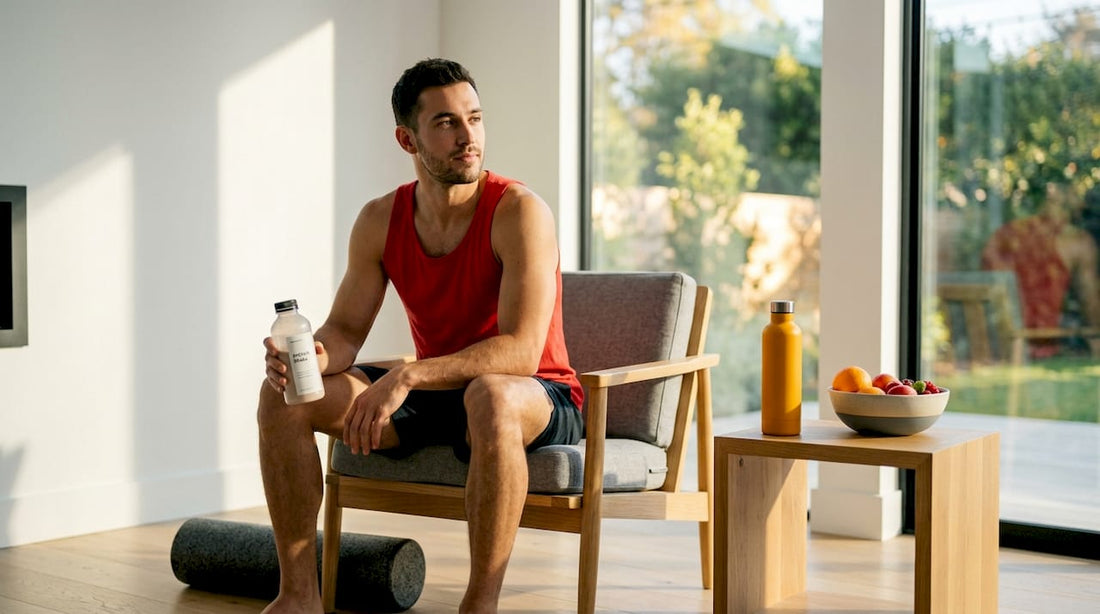 Athlete sitting with protein shake and foam roller
