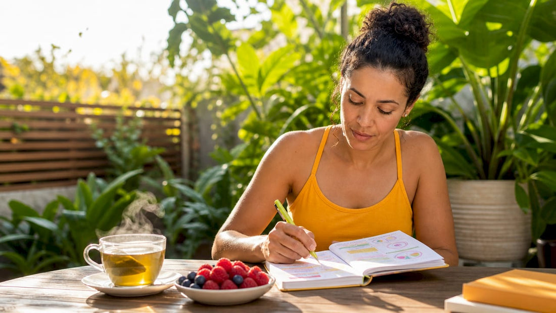 Woman reviewing hormone tracking journal at home