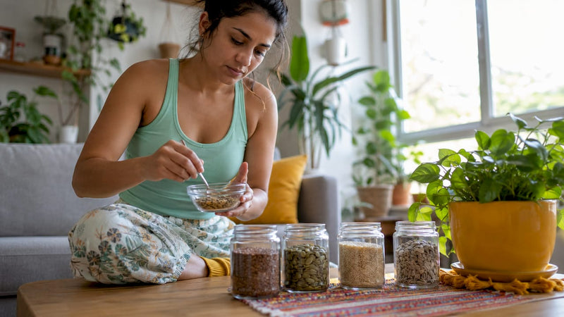Woman preparing seeds in kitchen for seed cycling