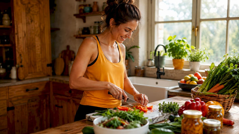 Woman preparing healthy plant-based meal in kitchen