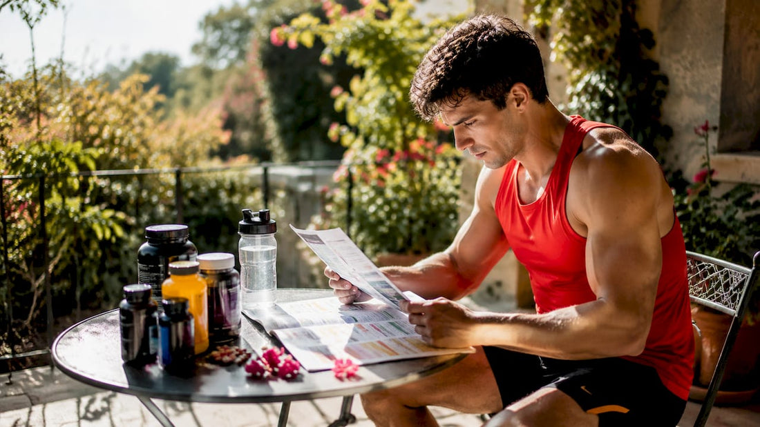 Athlete reviewing sports supplement protocol at home table