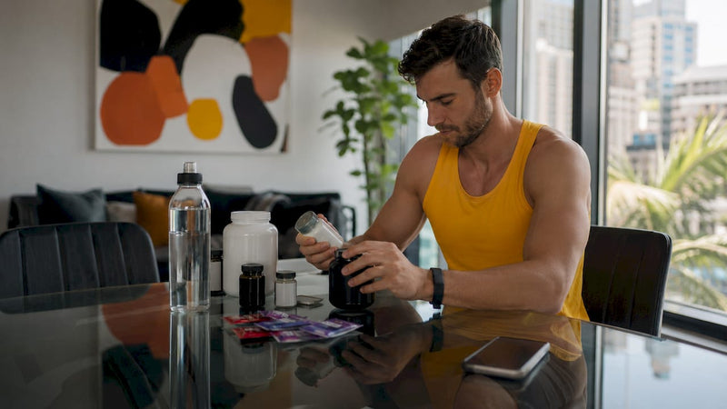 Athlete organizing endurance supplements at kitchen table