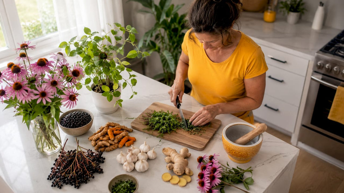 Woman preparing fresh immune herbs in kitchen