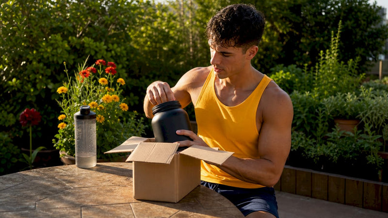 Athlete opening protein supplement bottle indoors