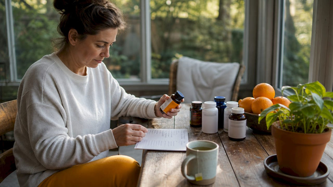 Woman organizing daily wellness supplements