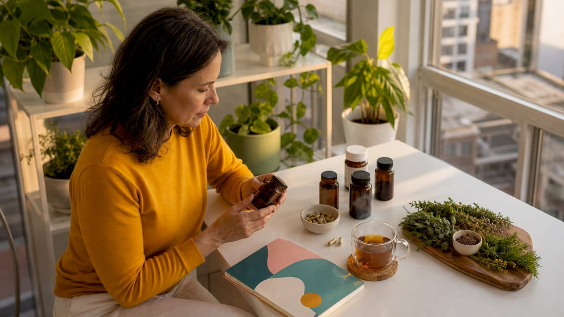 Woman reviewing natural supplements at kitchen table