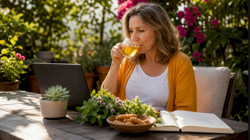 Woman researching natural pain relief supplements at kitchen table