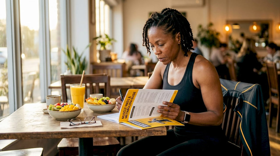 Woman studying muscle mass and fat burning guide in kitchen