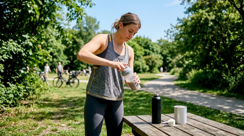 Woman preparing pre-workout supplement in home gym