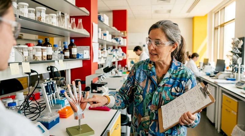 Scientist examining collagen hand model in lab