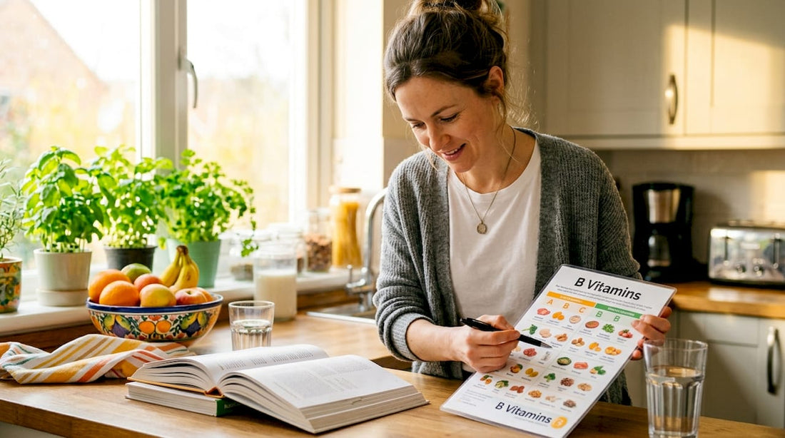 Nutritionist reviewing B vitamins chart at desk