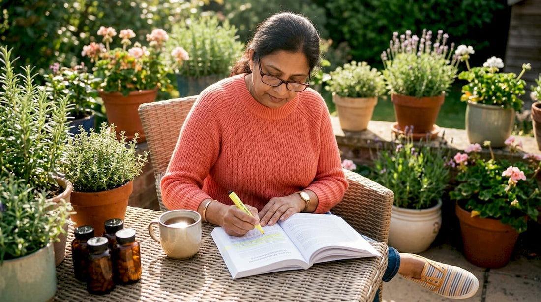 Woman studying herbal supplements at desk