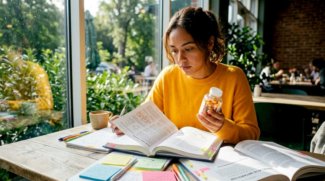 Woman studying amino acid supplements at desk