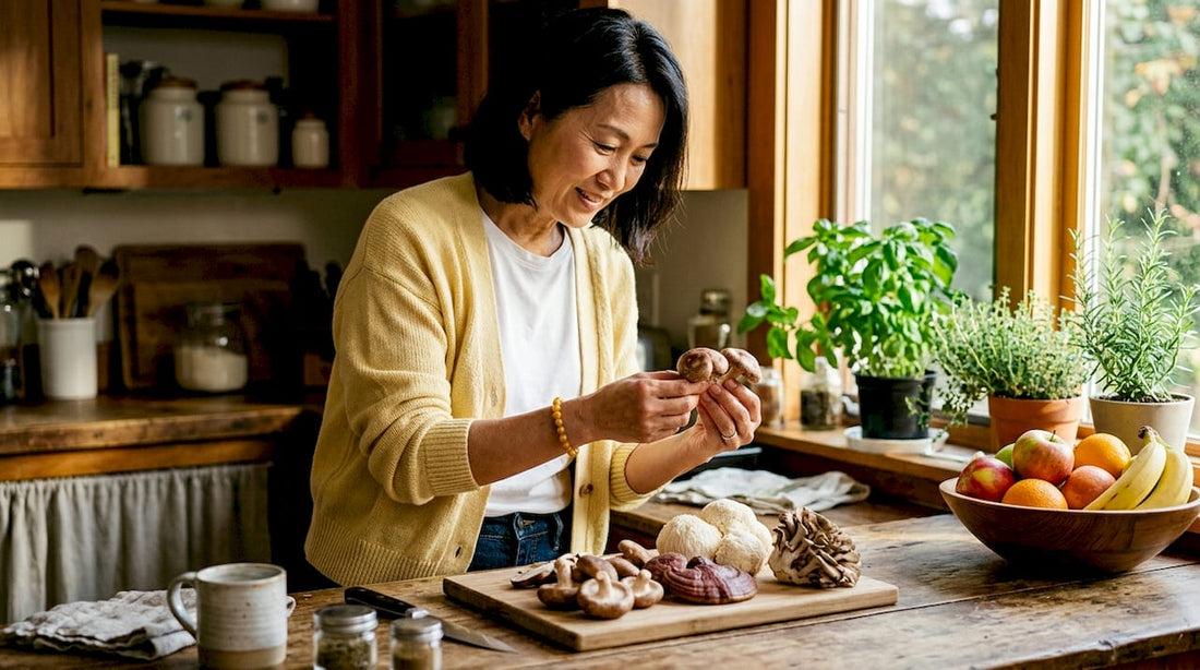 Woman examining medicinal mushrooms in kitchen