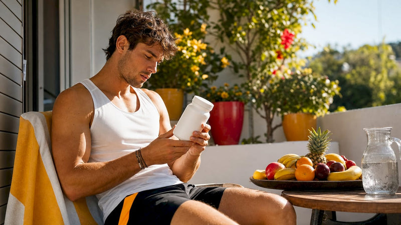 Athlete checking glutamine supplement in kitchen