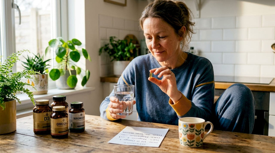 Adult woman taking daily vitamins at kitchen table