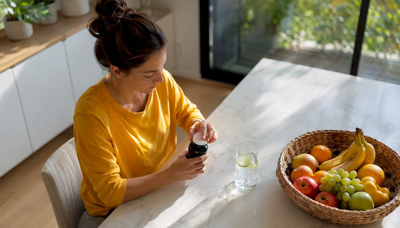 Woman reviewing digestive enzyme supplement bottle