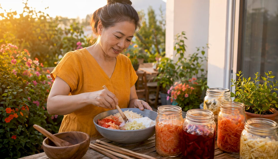 Woman preparing fermented foods in home kitchen