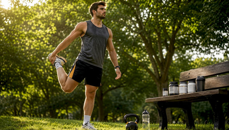 Athlete preparing workout near mineral supplements shelf