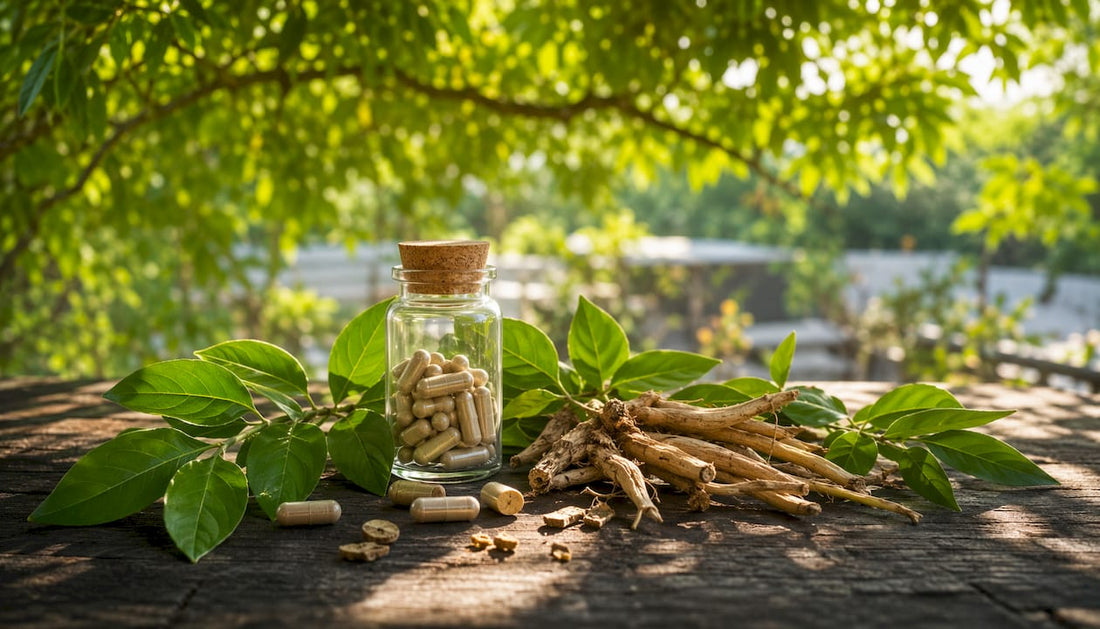 KSM-66 Ashwagandha supplement bottle with roots